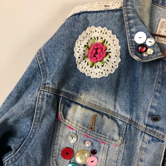 Embellished Blue Jean Jacket Crochet Patchwork - Picture 9 of 14